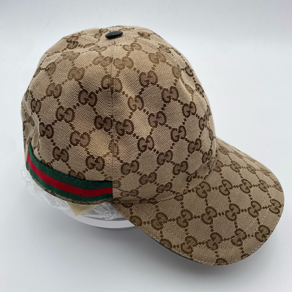Gucci Tan Monogram Cap with Green and Red Stripe. COA included